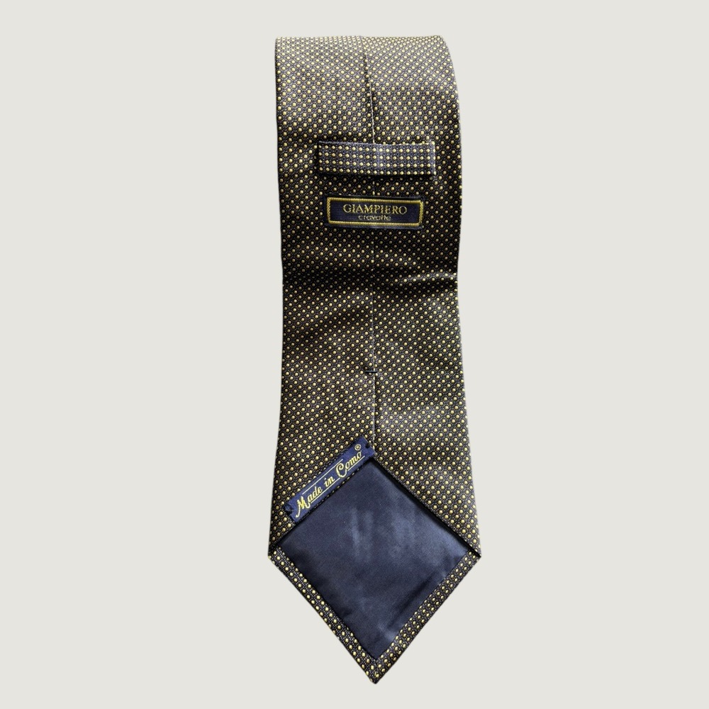 Giampiero Cravette Italian 100% Silk‎ Tie Micro Dot Mens Navy Yellow 57"